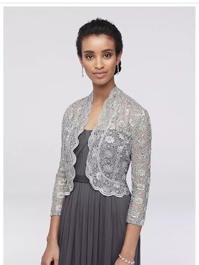 R&M Richards Women's Silver Sequin Lace Bolero Jacket 3/4 Sleeve Scalloped Trim
